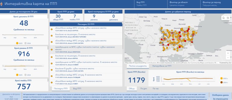 Картата посочва къде и кога е станал даден инцидент, както и за какъв тип инцидент става дума - сблъсък между коли в населено място, на междуградски път, удар на пешеходец и др.