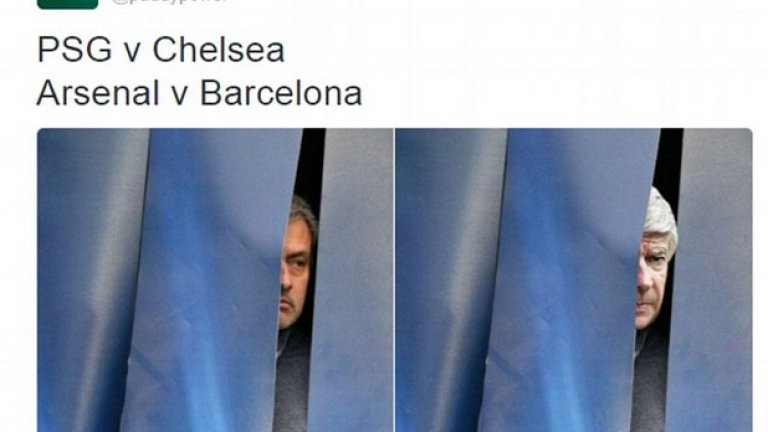 Жозе Моуриньо и Арсен Венгер след жребия, който прати Челси на ПСЖ, а Арсенал - на Барса.