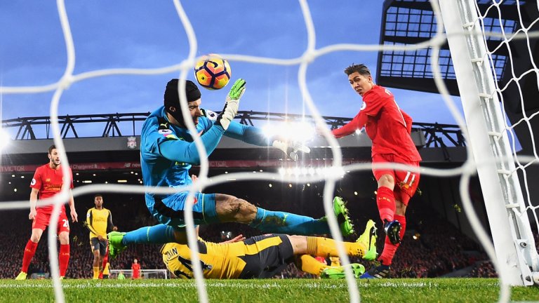 Фирмино разстрелва Петър Чех за първия гол на Ливърпул