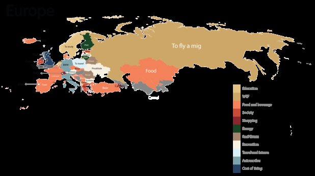 Очевидно в България, Украйна, Латвия и Австрия най-търсена е цената на проститутките, в Русия - на самолетите МИГ, във Франция - кроасаните, в Германия - автомобилите BMW, във Великобритания - цената на живота, а в Исландия, Турция, Чехия, Сърбия - на бирата. 