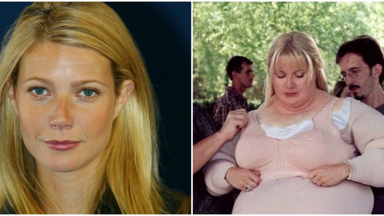 Гуинет Полтроу в “Свалячът Хал”
Комедията от 2001 г., която пропагандира, че няма да намерите любовта, докато не отслабнете, остана в съзнанието на зрителите и с неразпознаваемата Гуинет Полтроу. За да постигне ефекта на висящи тлъстини, актрисата облича огромен костюм, с който бута и чупи всичко, до което се докосне.