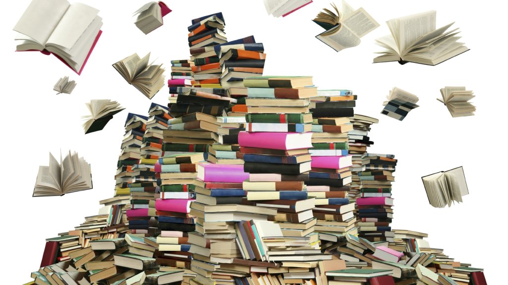 This is books scramble. Many books on white background.