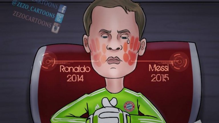 Нойер подаде по една буза първо на Роналдо, а после и на Меси.