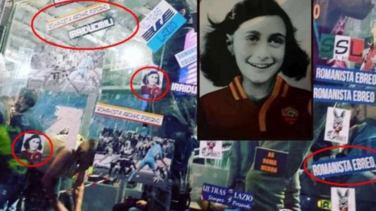 „Стадио Олимпико" осъмна в понеделник със стикери на Ане Франк, облечена във фланелка на Рома.