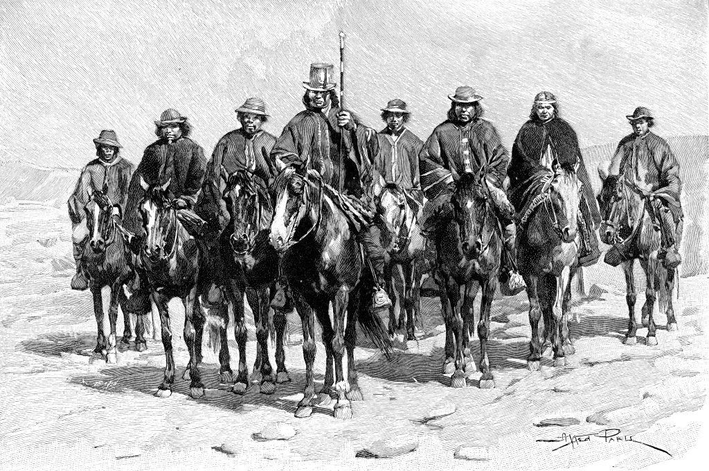 An Araucanian (Mapuche) chief and his staff, Chile/Argentina, 1895.