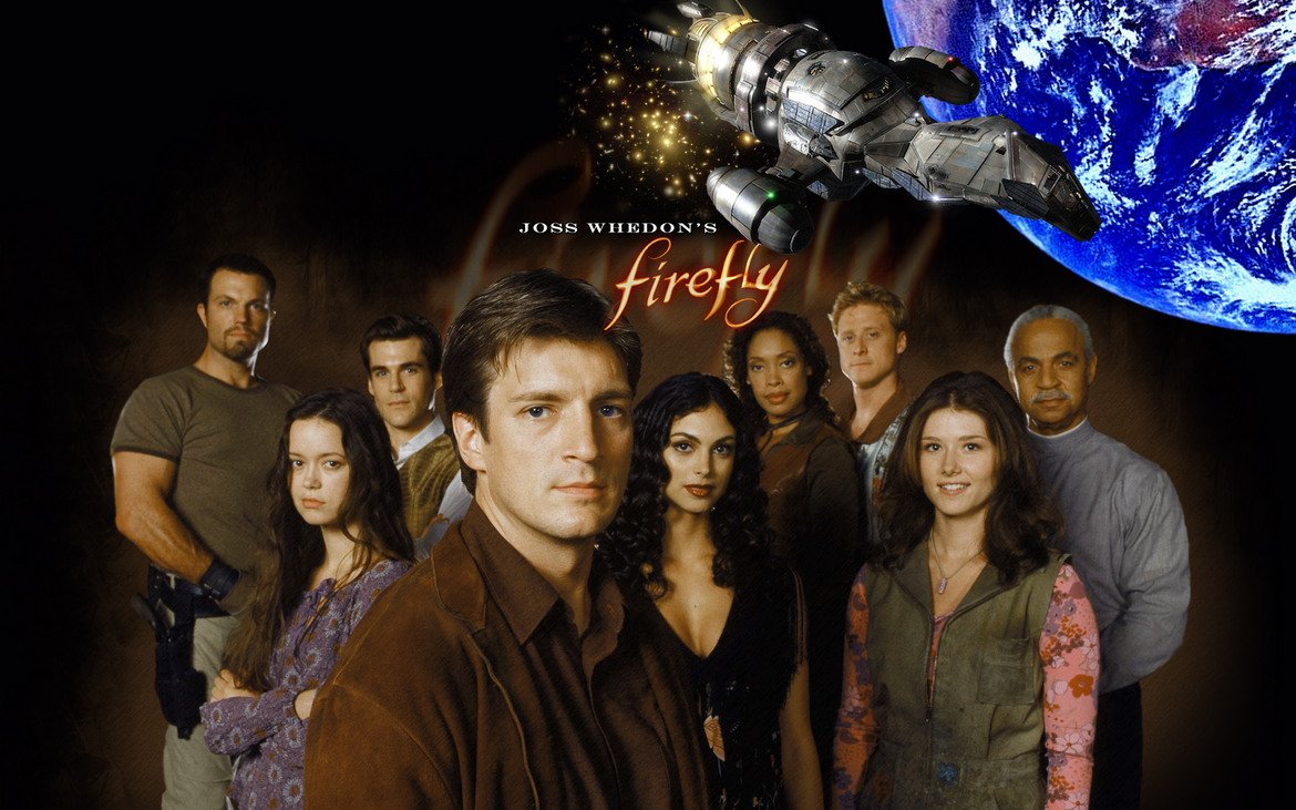 Firefly / Файърфлай 
 
Космическият уестърн беше спрян още по време на първия си сезон, дори преди да бъдат излъчени всички заснети епизоди. Феновете настояваха за връщането на сериала на екран, но не успяха да убедят Fox. Все пак телевизията пусна DVD с всички серии от първия сезон на "Firefly", а популярността му беше толкова голяма, че убеди Universal Pictures да инвестира във филма-продължение "Serenity"
