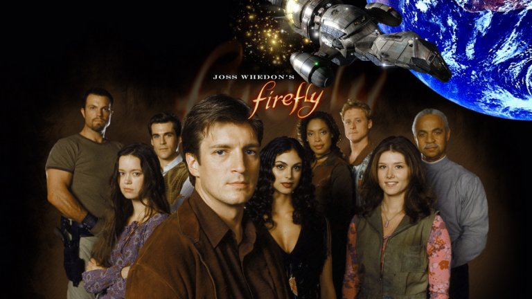Firefly / Файърфлай 
 
Космическият уестърн беше спрян още по време на първия си сезон, дори преди да бъдат излъчени всички заснети епизоди. Феновете настояваха за връщането на сериала на екран, но не успяха да убедят Fox. Все пак телевизията пусна DVD с всички серии от първия сезон на "Firefly", а популярността му беше толкова голяма, че убеди Universal Pictures да инвестира във филма-продължение "Serenity"
