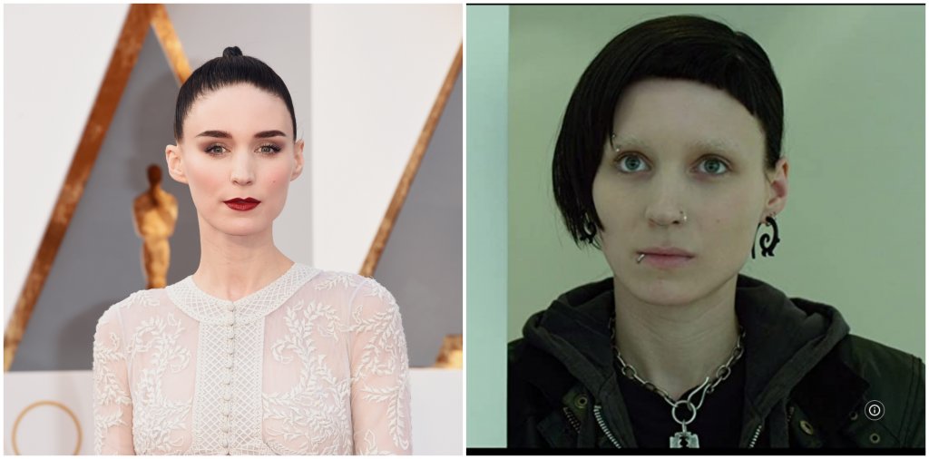 Руни Мара в The Girl With Dragon Tattoo
Подстригана коса, обръснати вежди, пиърсинги по лицето и боядисване на кожата с бял пигмент са само част от жертвите, които Руни Мара прави за ролята си в The Girl With Dragon Tattoo. Резултатът е, че актрисата е напълно неразпознаваема като Лисбет Саландер - социопат, наказващ мъжете, които злоупотребяват с жени.