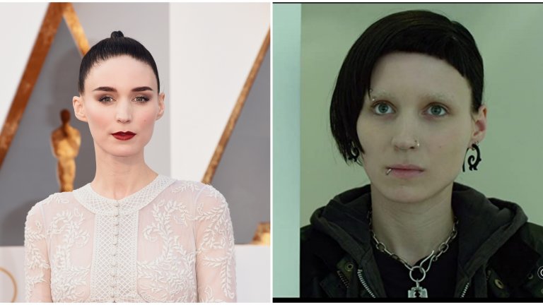Руни Мара в The Girl With Dragon Tattoo
Подстригана коса, обръснати вежди, пиърсинги по лицето и боядисване на кожата с бял пигмент са само част от жертвите, които Руни Мара прави за ролята си в The Girl With Dragon Tattoo. Резултатът е, че актрисата е напълно неразпознаваема като Лисбет Саландер - социопат, наказващ мъжете, които злоупотребяват с жени.
