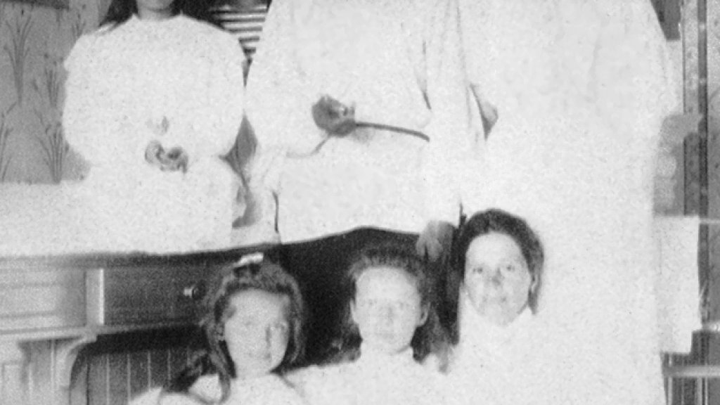 Empress Alexandra Feodorovna with Rasputin, her children and a governess.