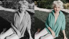 Повечето от най-известните снимки на легендарната актриса Мерилин Монро са заснети в черно бяло. Вдясно: съвременния цветен вариант на снимката