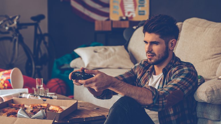 мъж, пица, игра, забавление, xbox, видеоигри
