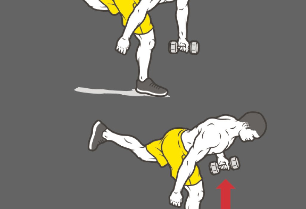 7. Гребете с противоположната на опорния крак ръка. 8 повторения, след това сменяте ръцете.