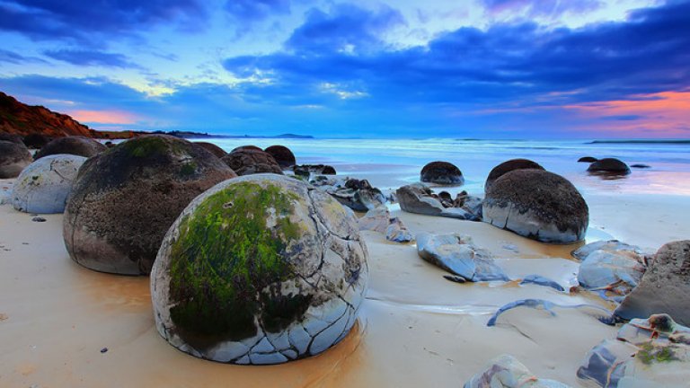 Скалните блокове на този плаж в Нова Зеландия са наричани драконови яйца. Всъщност това са седиментни скали, оформяни и изглаждани от вълните