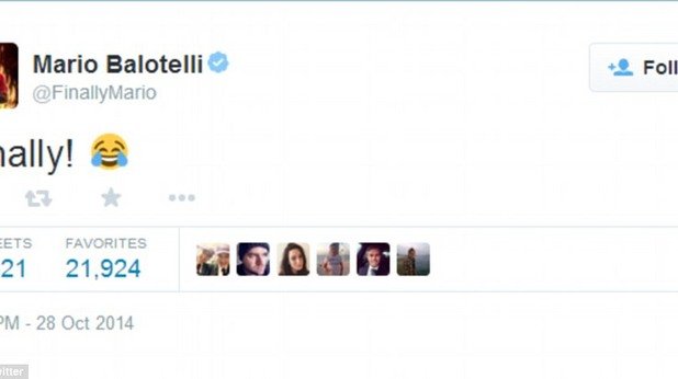 След срещата Марио Балотели изрази задоволството от попадението си в Туитър