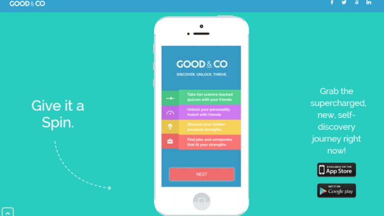 Good.Co се самоопределя като социална мрежа за щастие на работното място, като подлага кандидатите си на серия от забавни тестове и оценки