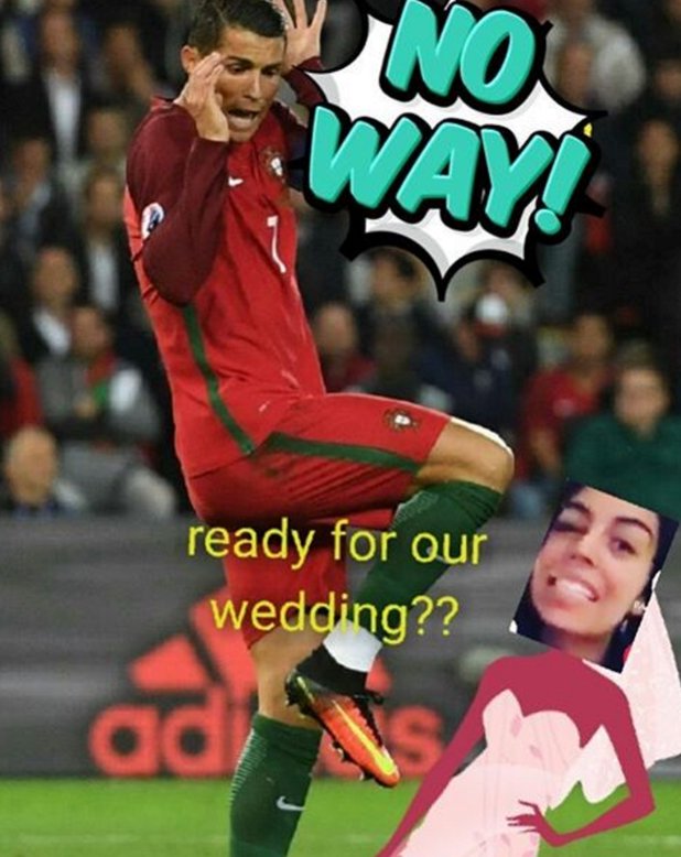 "-Готов ли си за сватбата ни? -В никакъв случай!", гласи текстът на колажа, използващ една от най-често осмиваните снимки на Роналдо