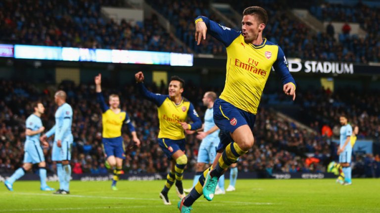 А като Арсенал - Жиру лудее след гола срещу Сити при победата с 2:0 навън.