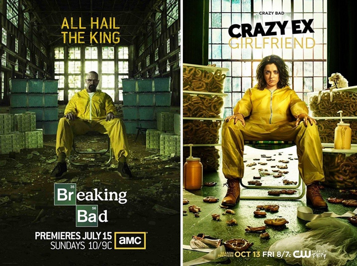 Постер за сериал, пародиращ постер за сериал - култовият Хайзенбърг от "Breaking Bad" и пародията за "Crazy Ex Girlfriend".