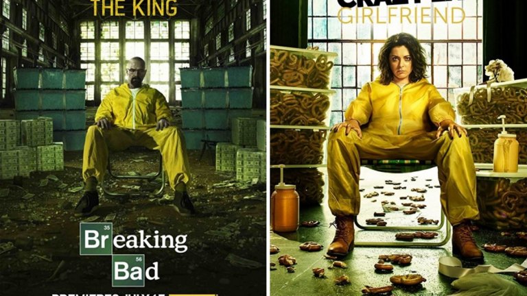 Постер за сериал, пародиращ постер за сериал - култовият Хайзенбърг от "Breaking Bad" и пародията за "Crazy Ex Girlfriend".
