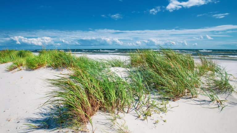 Дуеоде, остров Борхолм, Дания
Борхолм е на Балтийско море и е популярно туристическо място. В южния му край плаж Дуеоде привлича посетители с финия си бял пясък, плитки води и великолепни залези.
Край плажа има и фар, от върха на който мястото се разкрива в пълния си блясък.