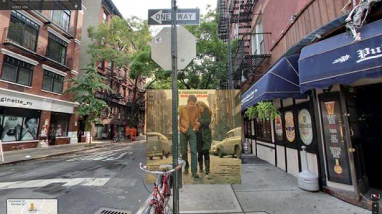 The Freewheelin' Bob Dylan на Боб Дилън. 22-годишният Боб крачи по Джоунс Стрийт в Уест Вилидж, Ню Йорк, с приятелката си Сузи Ротоло през 1963 година.