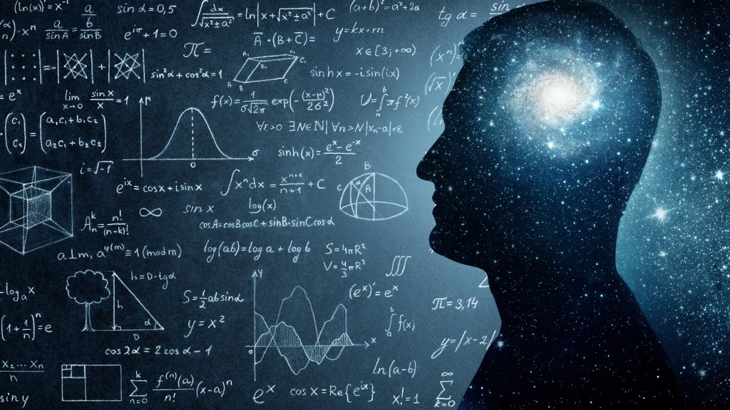 The universe within. Silhouette of a man inside the universe, physical and mathematical formulas..
