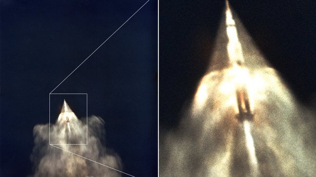 ALOTS камера, закачена за Air Force EC-135, летящ на около 12 километра над земята, заснема един от ранните моменти на излитането на Apollo 11