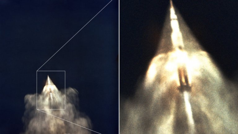 ALOTS камера, закачена за Air Force EC-135, летящ на около 12 километра над земята, заснема един от ранните моменти на излитането на Apollo 11