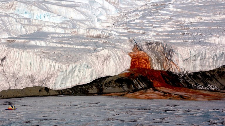 "Кървавите водопади" на Антарктида са красива гледка – кървавочервена вода, която тече през белия сняг. Водопадите са открити през 1911-а от австралийския геолог Грифин Тейлър. Първоначално той мисли, че цветът на водопадите се дължи на водораслите в тях. 

По-късно се причината най-вероятно се дължи на високи нива на железен оксид. Високото съдържание на желязо във водата е идеална среда за развитието на уникална екосистема от бактерии, каквато няма никъде другаде по света. 

Тъй като в тази среда няма кислород, учените се чудят как системата оцелява. Съществува теория, че под ледниците има запечатан от природата басейн, от който идват тези бактерии. 
Още по-озадачаващо е взаимодействието между желязото и сярата във водата, което остава неразгадано и до днес.