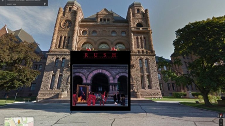 Moving Pictures на Rush. Канадските прогресив легенди илюстрират албума си с буквално пренасяне на картини пред Законодателното събрание на провинция Онтарио в Торонто, 1981 година.