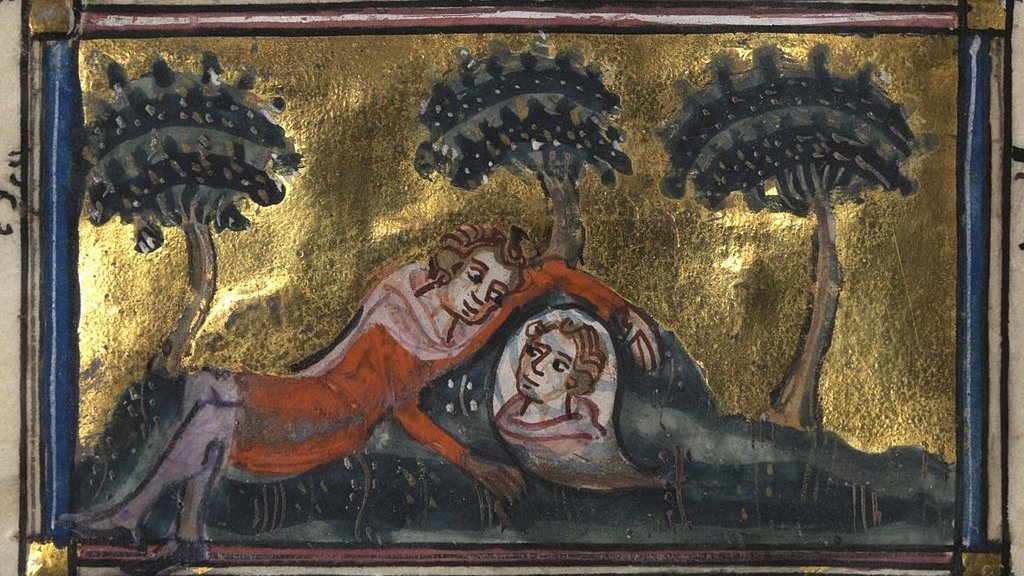 Roman_de_la_Rose_f._11v_(Narcissus_gazes_at_the_spring)