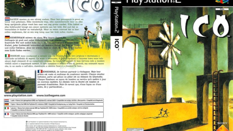 Ico (PS2)
Концептуална и нетрадиционна, обложката на европейската версия на ICO заслужава аплодисменти. Тя е съвършена, въпреки че на пръв поглед не представя нищо от реалната игра, а изглежда повече като творба на съвременното изкуство.
Всъщност тя е вдъхновена от творбата “Носталгия по безкрайността” на майстора на светлосянката Джорджо де Кирико. Художник на обложката е самият главен дизайнер на ICO Фумито Уеда, а героите се губят на фона на гигантските структури. Пространството е използвано чудесно за една красива картина, която едновременно ви казва и всичко, и нищо.