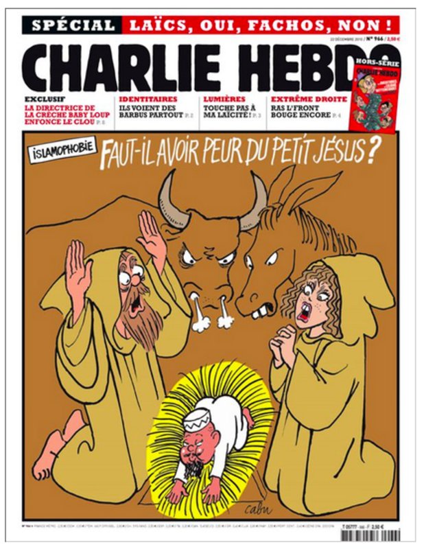 „Ислямофобия. Трябва ли да се страхуваме от малкия Исус“. Така през 2010 г. Charlie Hebdo коментира спорните закони във Франция, с които да се забрани носенето на религиозни символи.