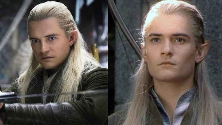 Орландо Блум в два от филмите от трилогията The Hobbit (2013-2014 г.)
Елфите не стареят. Хубаво, но това не важи за актьорите, които ги играят. Действието във филмите "Хобит" се развива преди това във "Властелинът на пръстените", но същевременно е минало десетилетие от заснемането на първата трилогия на Питър Джаксън. Така се налага технология за подмладяване да бъде приложена и върху актьора Орландо Блум, който играе елфа Леголас.
Това, което не може да бъде променено с ефекти, е, че Блум е качил килограми, поради което излиза, че напомпаният Леголас с времето е пооклощавял.