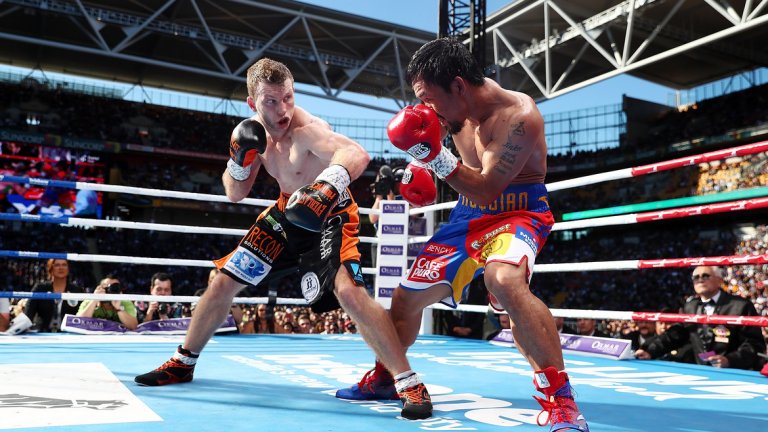 Хорн бе агресивен още от първата минута, въпреки че ударите на Пакиао бяха по-ефективни.