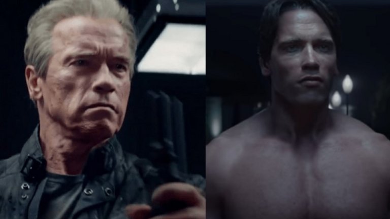 Арнолд Шварценегер в Terminator Genisys (2015 г.)

68-годишният по това време Арнолд трудно може да заприлича на своето 37-годишно аз, което за пръв път влиза в образа на терминатора T-800 през 1984 г. Сцена във филма обаче предвижда "остарял" Терминатор (Шварценегер както изглежда днес) да се изправи срещу свое младо копие. За целта подмладеното лице на актьора е сложено върху стегнатото и все още неувиснало от времето тяло на дубльора Брет Азар.