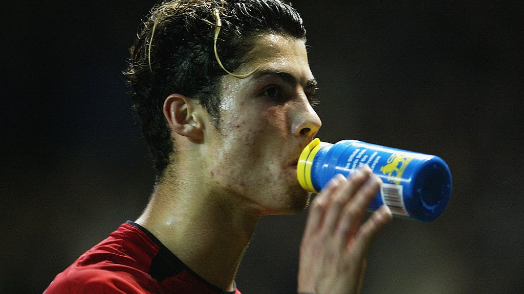 Cristano Ronaldo of Manchester United takes a drink
