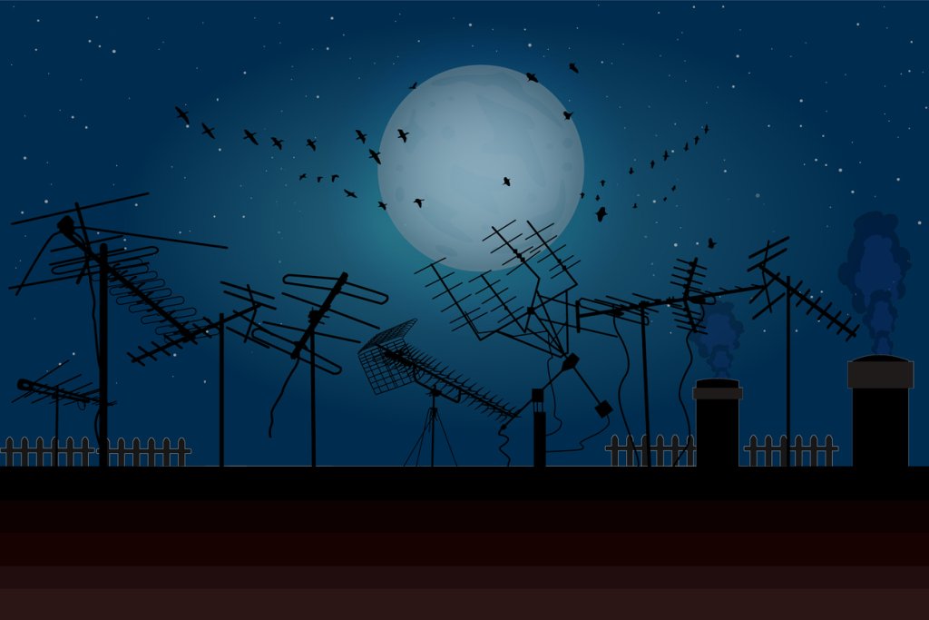 Night sky with full moon, flock birds and roof with many tv antennas.
