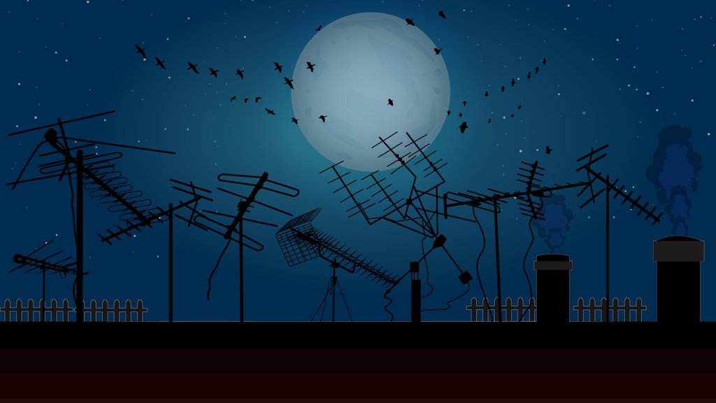Night sky with full moon, flock birds and roof with many tv antennas.