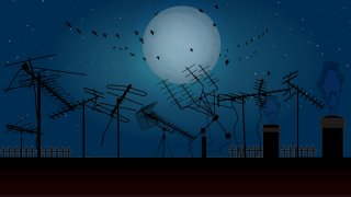 Night sky with full moon, flock birds and roof with many tv antennas.