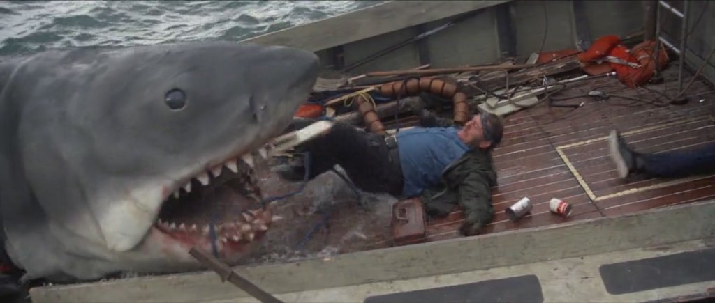 \"Jaws\" 
Куинт успява да избяга от тази смърт в продължение на десетилетия, преди към края на  великата лента на Спилбърк, той най-накрая да се окаже немощен пред нея.