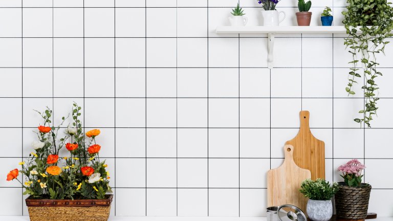 Ами едни истински цветя?Не е много трудно да си представим тази снимка без цветята на нея - бели плочки и един рафт. Точно така най-добре личи силата дори на скромното озеленяване, при това не задължително в хола. Един рафт, на който да сложиш пълзящо растение или колектив от малки кактуси, наистина може доста да разнообрази обстановката. Да не говорим пък за някое цитрусово джудже (като определени видове лимон и портокал), на които обаче ще трябва да осигурите и доста светлина, за да ви се отблагодарят с плодове.