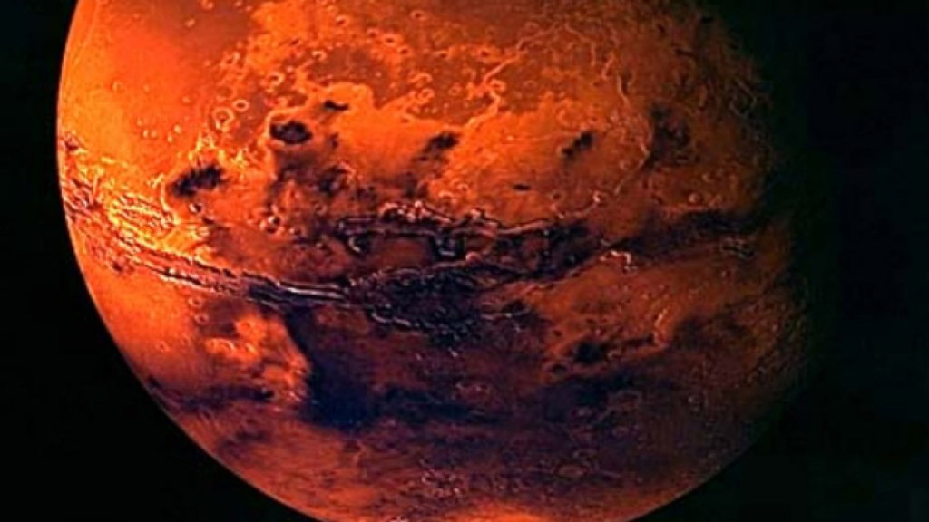 A VISUALISATION OF MARS CREATED FROM SPACECRAFT IMAGERY.