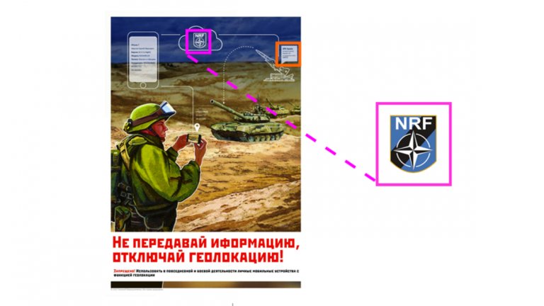 8. "Не предавай информация, защитавай геолокацията си!"

Тук се предупреждава за използването на мобилни устройства с GPS функция на бойното поле или на тренировъчната площадка. То може да предостави геолокации, както и ключови оперативни подробности. Плакатът подсказва, че географските знаци могат да разкрият местата на НАТО позициите на родните войници.