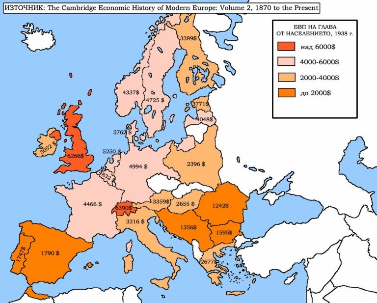 Карта на Европа според БВП на глава от населението през 1938 г.