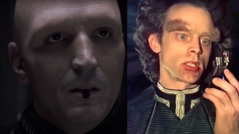 Пайтър дьо Врие
Едно от малкото разочарования в "Дюн" на Вилньов е колко намалена е значимостта на ментата на барон Харконен. Пайтър в книгата е по-важна фигура, за която баронът има големи планове. 
В новата версия в ролята е Дейвид Дастмалчиан, който сте виждали в малки роли в "Затворници" на Вилньов и "Ант-мен". 2021 г. е добра за него, защото го видяхме и като обсебения от майка си Polka-Dot Man в "Отрядът самоубийци" на Джеймс Гън.
Във версията от 1984 г. на персонажа е обърнато по-голямо внимание, а в ролята е Брад Дуриф - носител на "Златен глобус" и номиниран за "Оскар" актьор за ролята на Били в "Полет на кукувиче гнездо". Той изигра и Грима Змийския език в два от филмите от поредицата "Властелинът на пръстените" - "Двете кули" и "Завръщането на краля". Телевизионните зрители го познават и от сериала Deadwood на HBO.