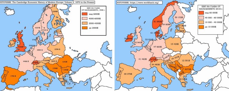 БВП в Европа на глава от населението - 1938 г. срещу 2018 г.