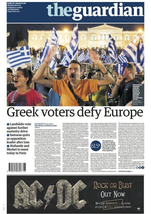 "Гръцките гласоподаватели предизвикват Европа", четем на първа страница на "Гардиън"