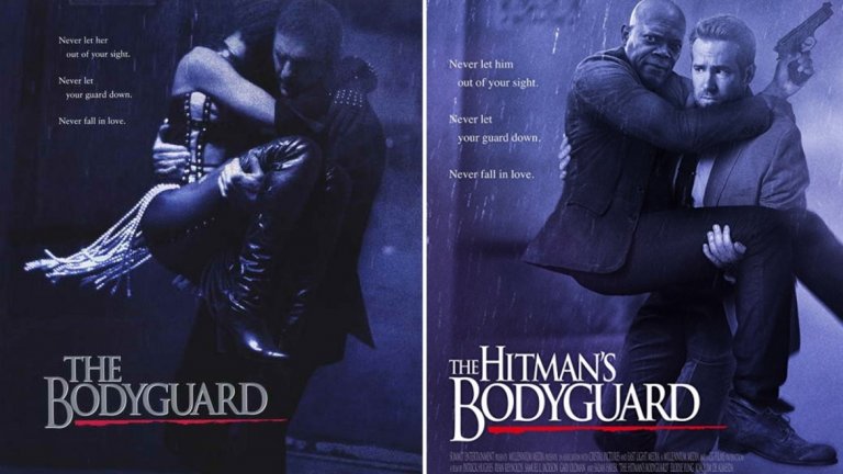 Да си охрана не на певица, а на наемен убиец. Това е концепцията на "The Hitman's Bodyguard" с Райън Рейнолдс и Самюел Джаксън. Оттам и вдъхновението от постера на "Бодигард", макар и не толкова успешно от визуална гледна точка.
